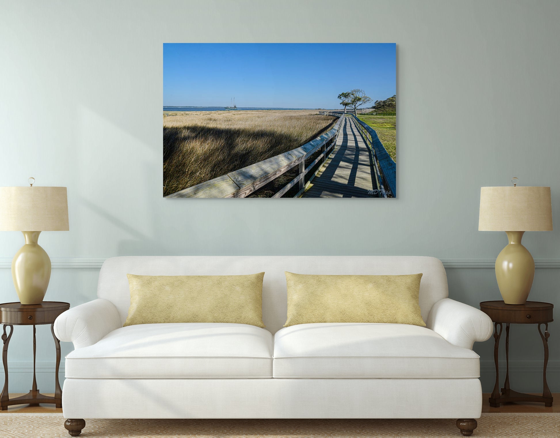 An inspiring painting titled 'Finding My Own Path,' featuring a lone figure walking along a winding trail surrounded by a serene and reflective landscape