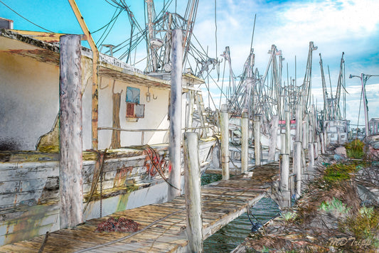 A charming painting titled 'Fisherman’s Alley,' depicting a quiet alley lined with fishing boats, nets, and coastal elements, capturing the essence of a waterfront community.