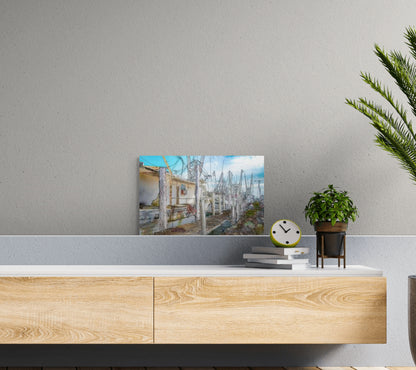 A charming painting titled 'Fisherman’s Alley,' depicting a quiet alley lined with fishing boats, nets, and coastal elements, capturing the essence of a waterfront community.