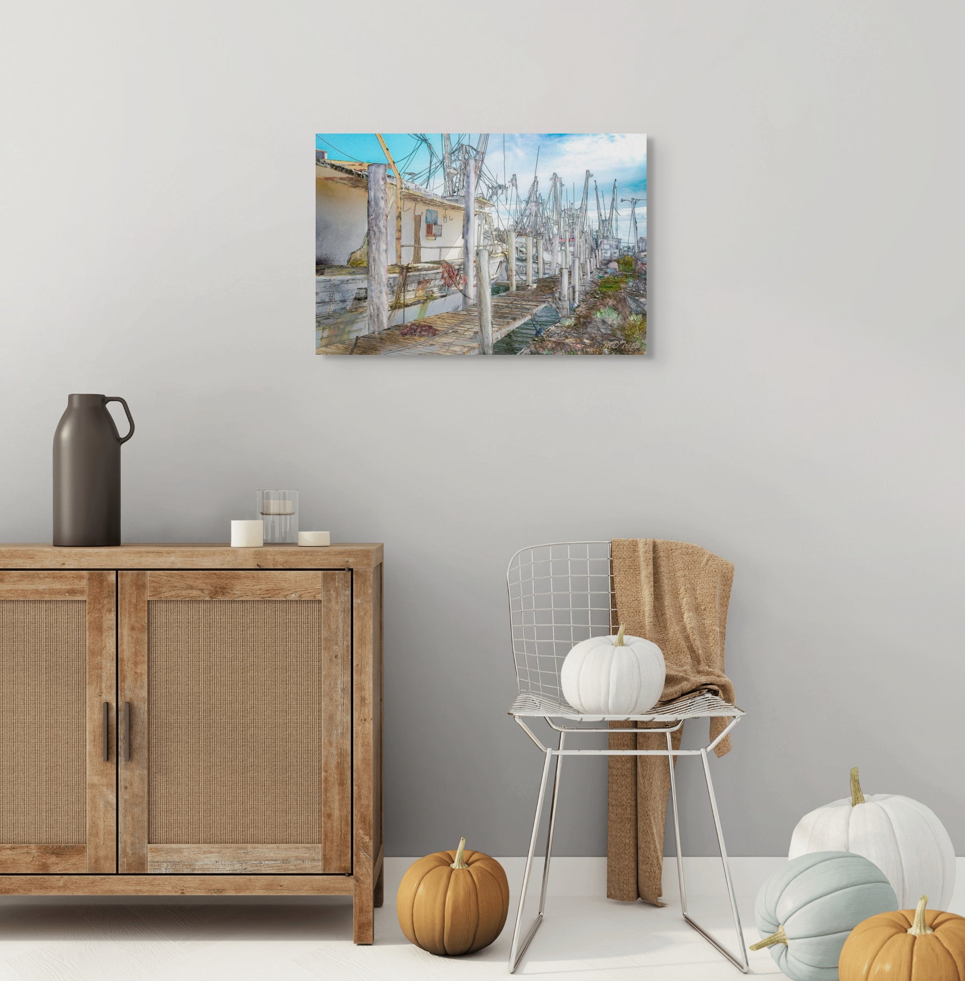 A charming painting titled 'Fisherman’s Alley,' depicting a quiet alley lined with fishing boats, nets, and coastal elements, capturing the essence of a waterfront community.