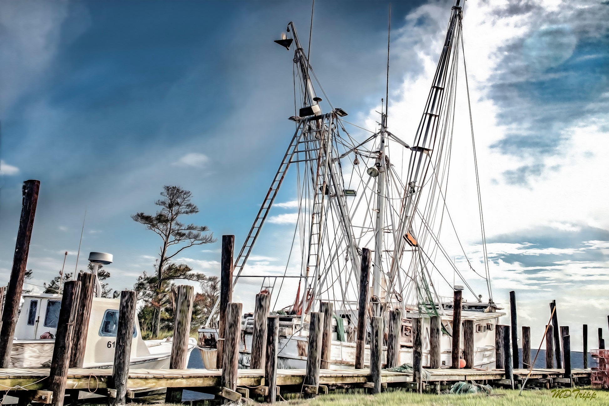 A vibrant painting titled 'Fishing the N.C. Coast,' showcasing a fishing boat along the North Carolina coastline with clear waters and coastal scenery.