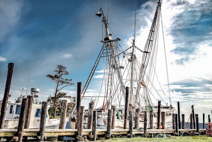 A vibrant painting titled 'Fishing the N.C. Coast,' showcasing a fishing boat along the North Carolina coastline with clear waters and coastal scenery.