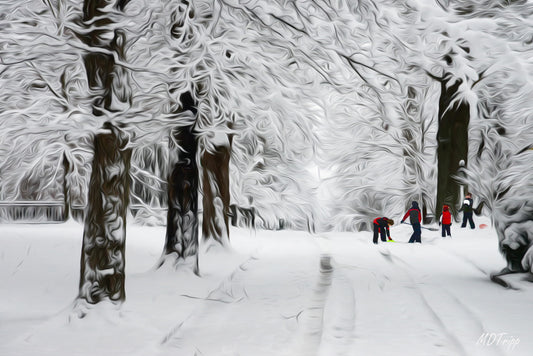 A joyful painting titled 'Great Day to Play,' capturing an energetic outdoor scene with bright colors and playful figures enjoying a day of fun and movement.