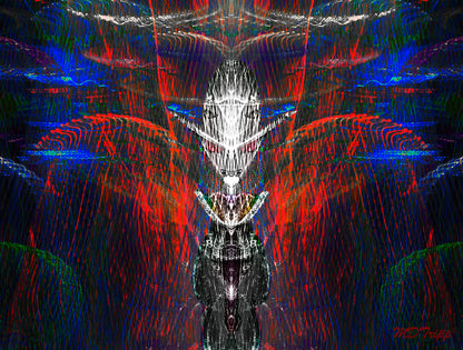 An intense abstract painting titled 'Greed,' featuring dark, heavy tones and sharp lines that symbolize the consuming nature of desire and excess.
