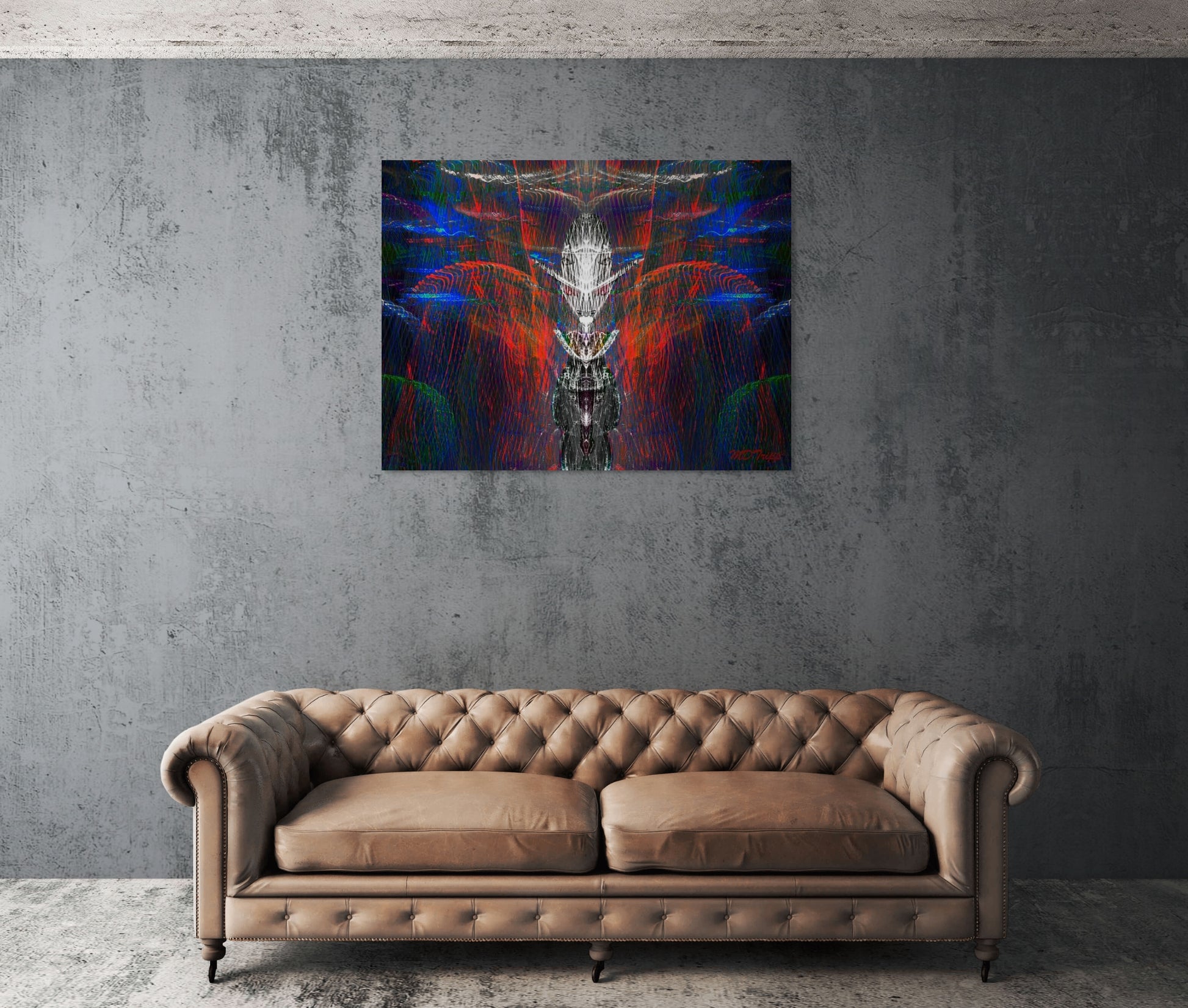 An intense abstract painting titled 'Greed,' featuring dark, heavy tones and sharp lines that symbolize the consuming nature of desire and excess.