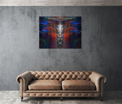 An intense abstract painting titled 'Greed,' featuring dark, heavy tones and sharp lines that symbolize the consuming nature of desire and excess.
