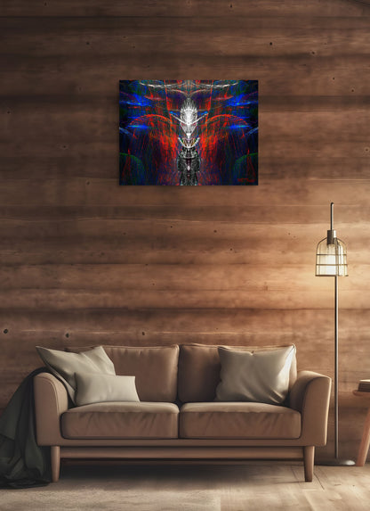 An intense abstract painting titled 'Greed,' featuring dark, heavy tones and sharp lines that symbolize the consuming nature of desire and excess.