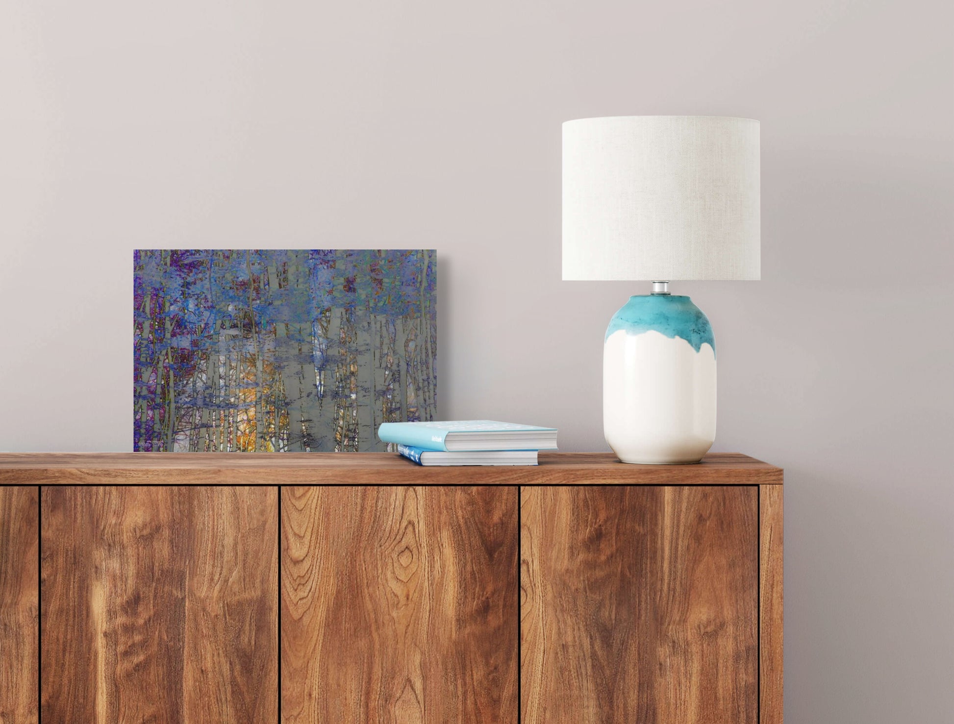 A serene painting titled 'Guiding By Light,' featuring a figure or object illuminated by a soft, radiant light, symbolizing hope, direction, and clarity.
