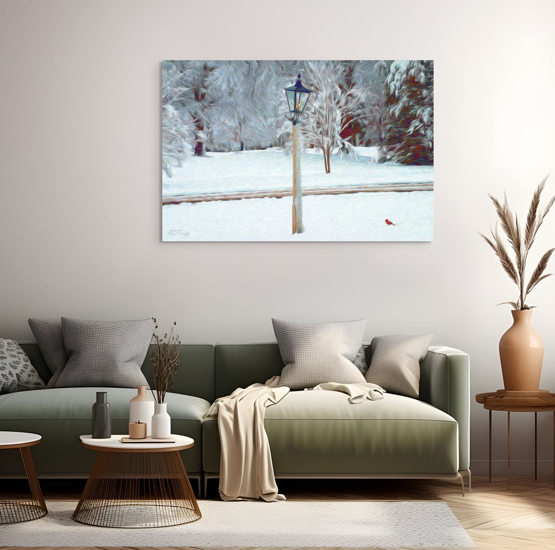 A calming painting titled 'Guiding Light,' showcasing a soft, glowing light that leads the way through a tranquil, serene landscape.