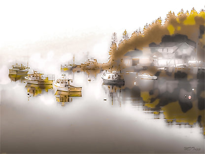 A scenic painting titled 'Hidden Coves of Maine,' showcasing a tranquil coastal cove with rugged cliffs, serene waters, and lush greenery