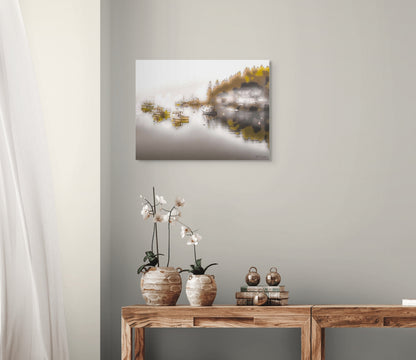 A scenic painting titled 'Hidden Coves of Maine,' showcasing a tranquil coastal cove with rugged cliffs, serene waters, and lush greenery