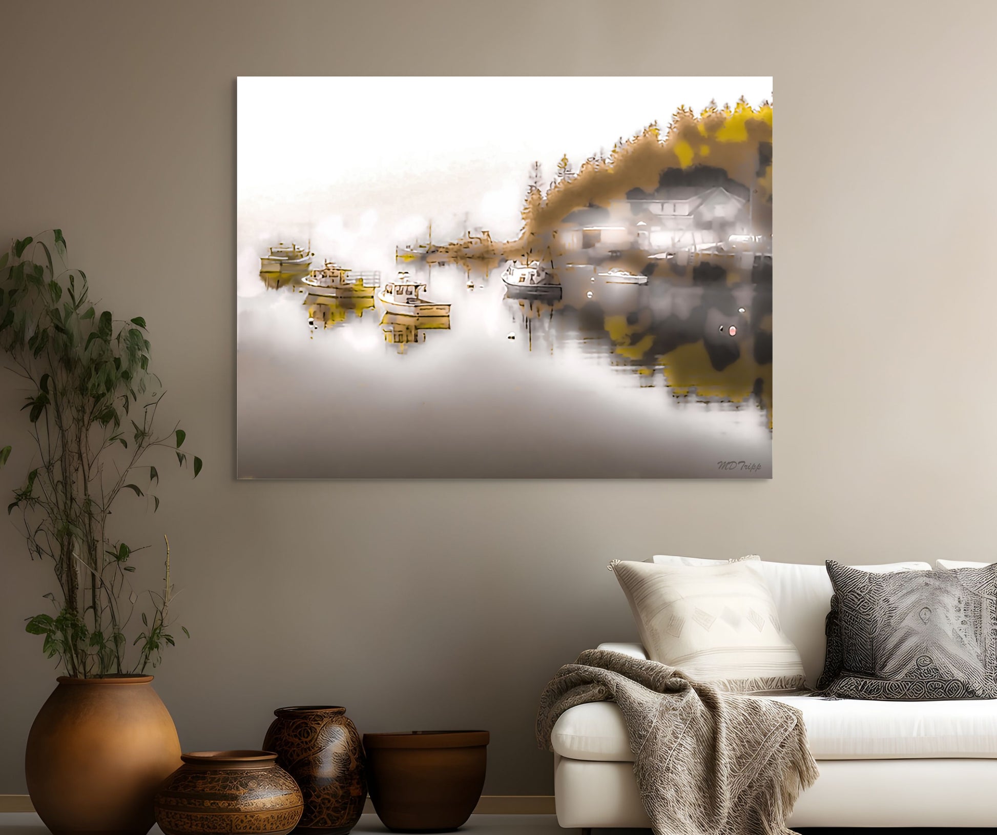 A scenic painting titled 'Hidden Coves of Maine,' showcasing a tranquil coastal cove with rugged cliffs, serene waters, and lush greenery