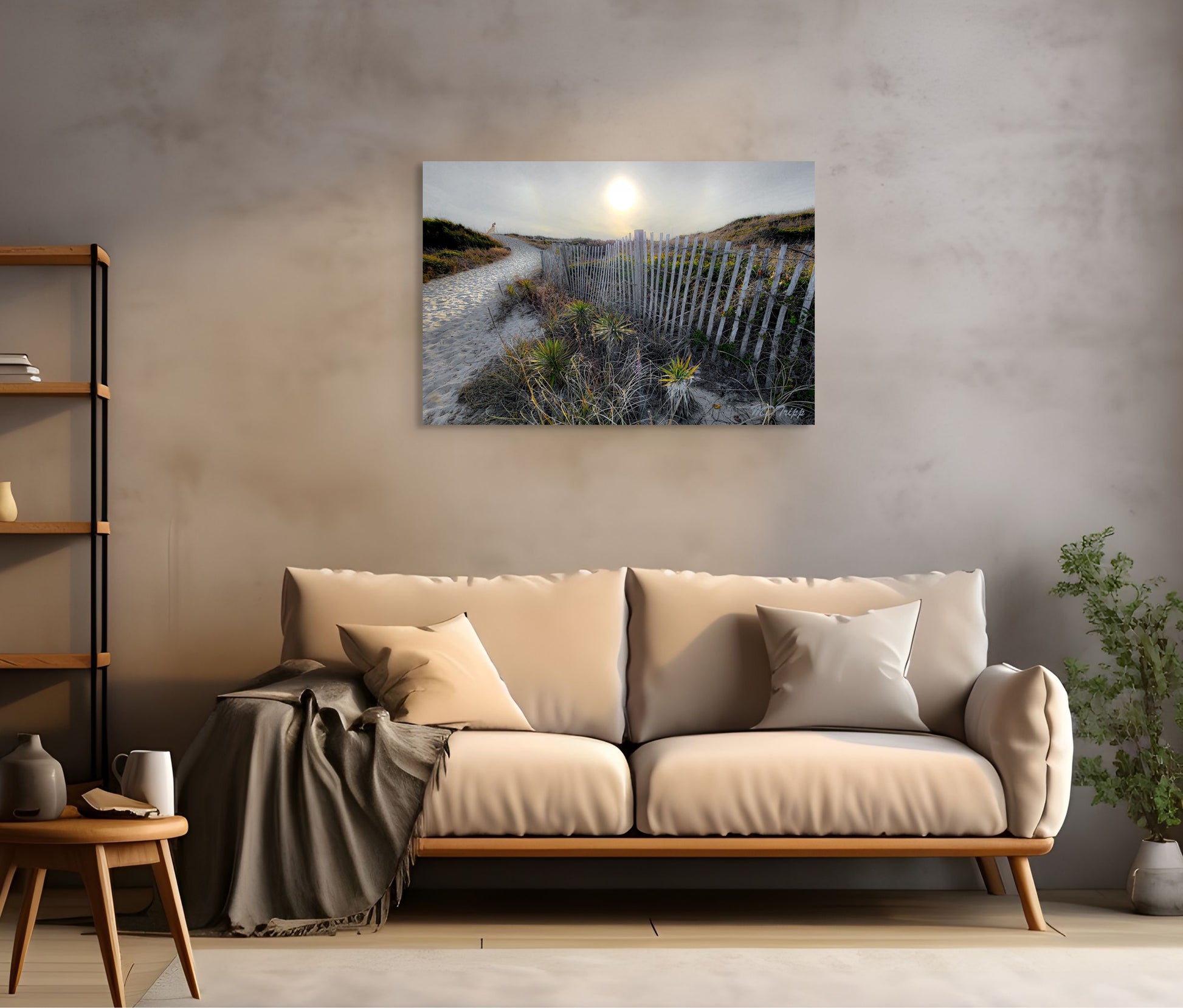 A scenic painting titled 'Hidden Coves of Maine,' showcasing a tranquil coastal cove with rugged cliffs, serene waters, and lush greenery