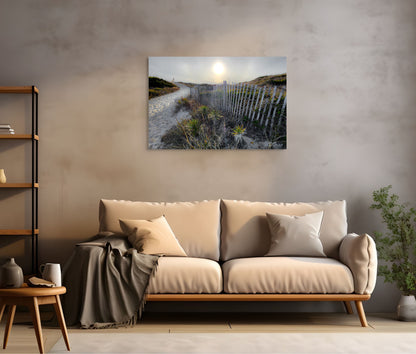 A scenic painting titled 'Hidden Coves of Maine,' showcasing a tranquil coastal cove with rugged cliffs, serene waters, and lush greenery