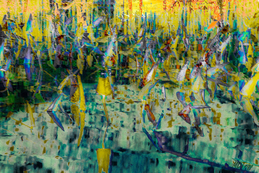 A tranquil painting titled 'Life on Pond's Edge,' depicting lush greenery and still waters, showcasing the peaceful coexistence of nature along a pond.