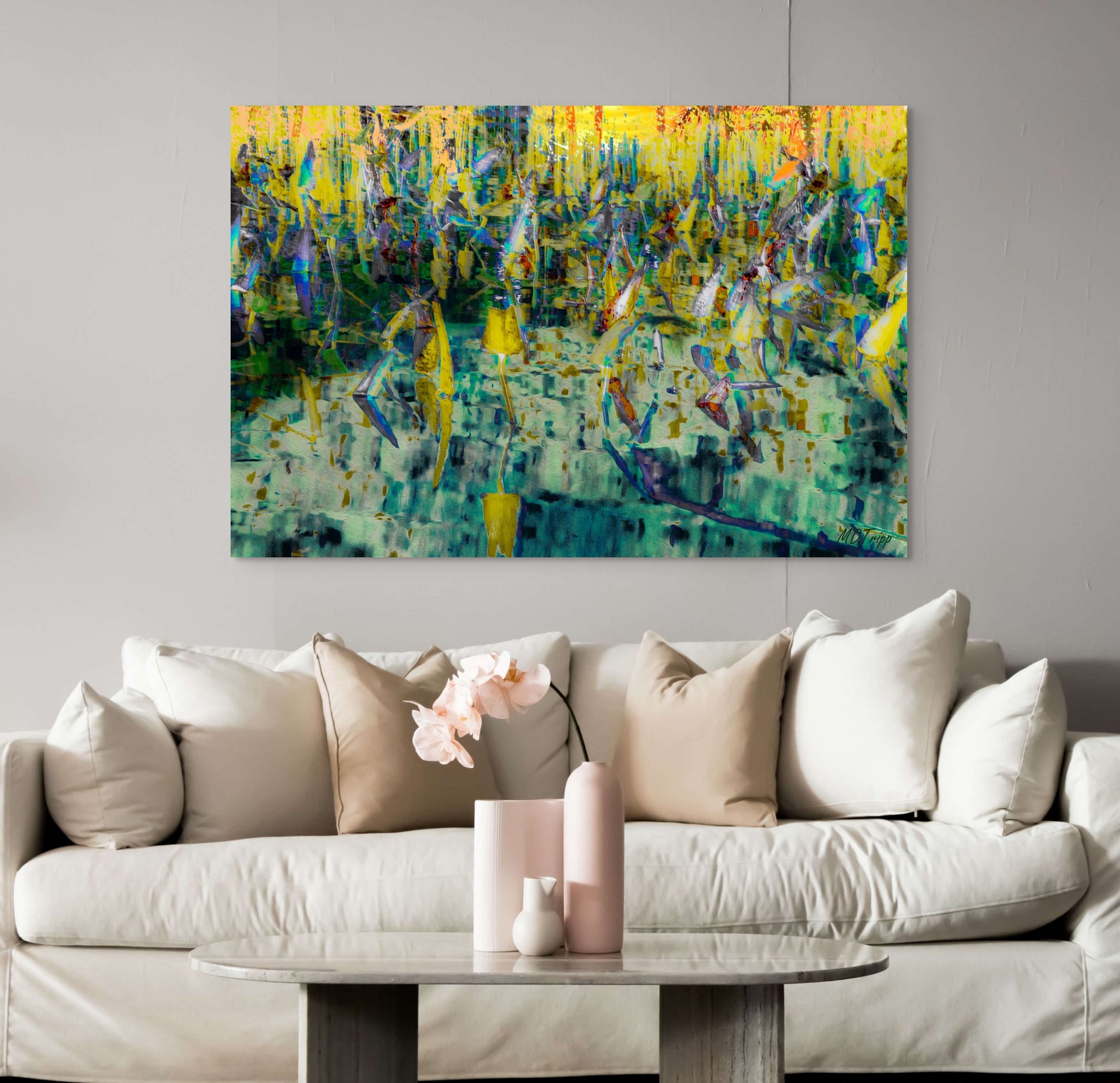 A tranquil painting titled 'Life on Pond's Edge,' depicting lush greenery and still waters, showcasing the peaceful coexistence of nature along a pond.
