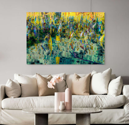 A tranquil painting titled 'Life on Pond's Edge,' depicting lush greenery and still waters, showcasing the peaceful coexistence of nature along a pond.