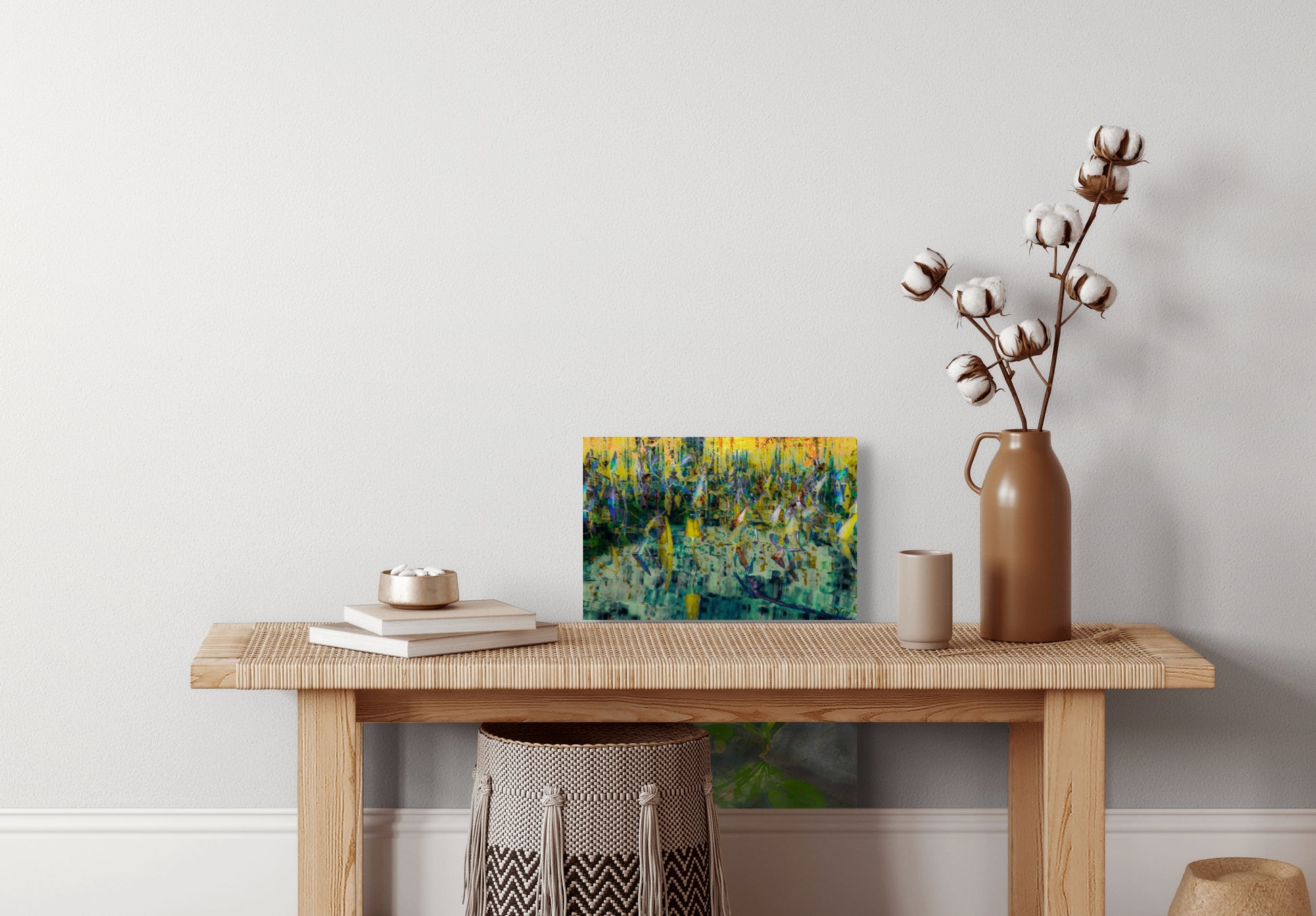 A tranquil painting titled 'Life on Pond's Edge,' depicting lush greenery and still waters, showcasing the peaceful coexistence of nature along a pond.