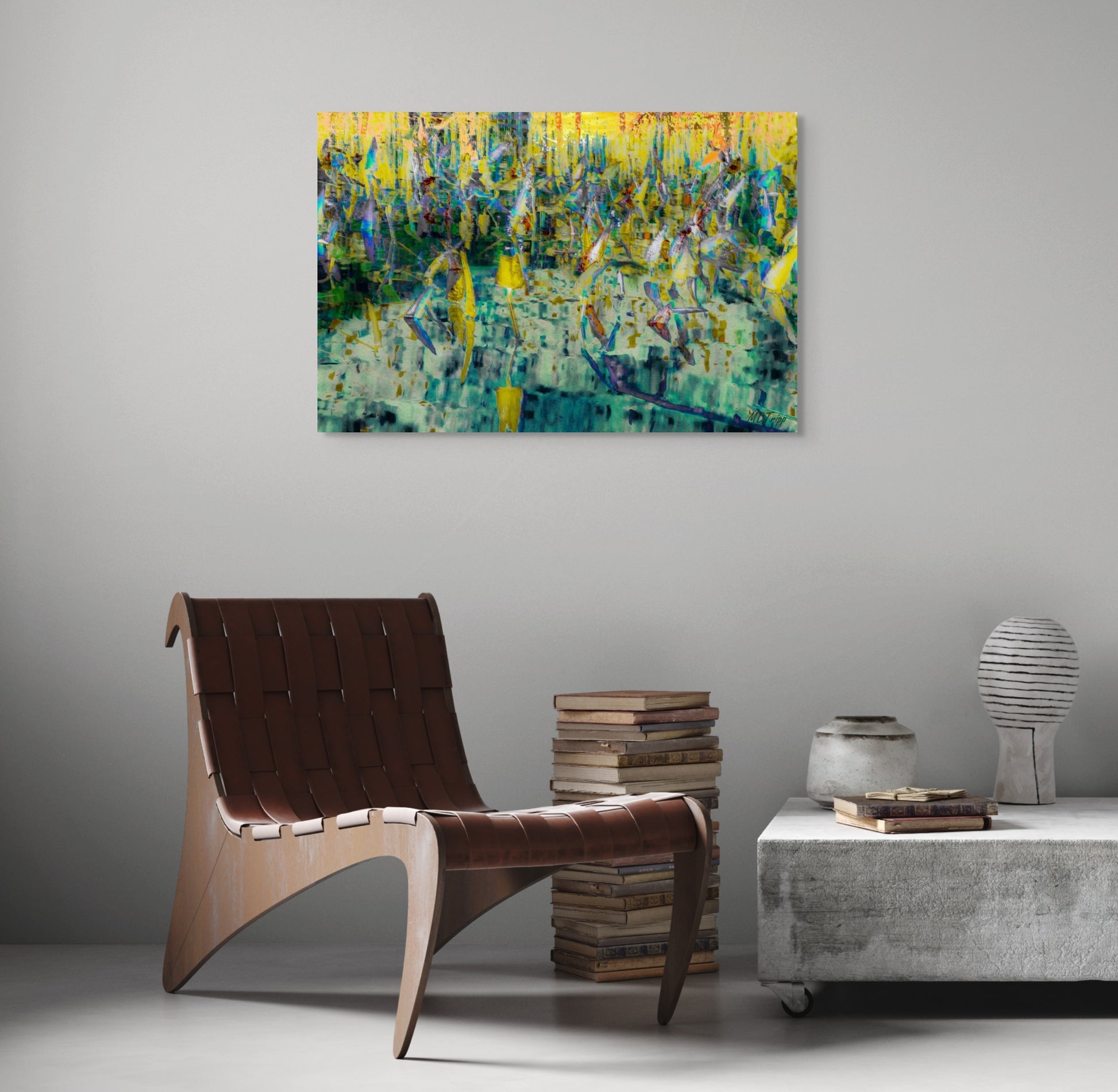 A tranquil painting titled 'Life on Pond's Edge,' depicting lush greenery and still waters, showcasing the peaceful coexistence of nature along a pond.