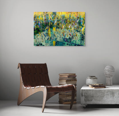 A tranquil painting titled 'Life on Pond's Edge,' depicting lush greenery and still waters, showcasing the peaceful coexistence of nature along a pond.