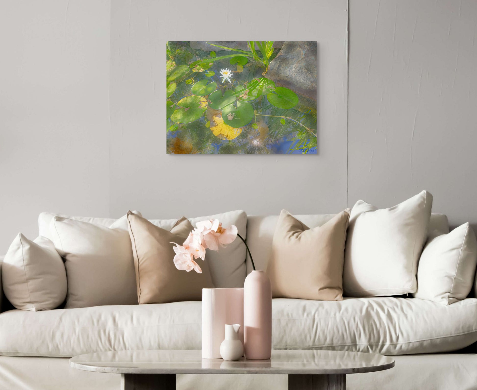 A peaceful painting titled 'Lilly Afternoon,' depicting a calm, sunlit scene with blooming lilies, evoking a sense of tranquility and natural beauty.