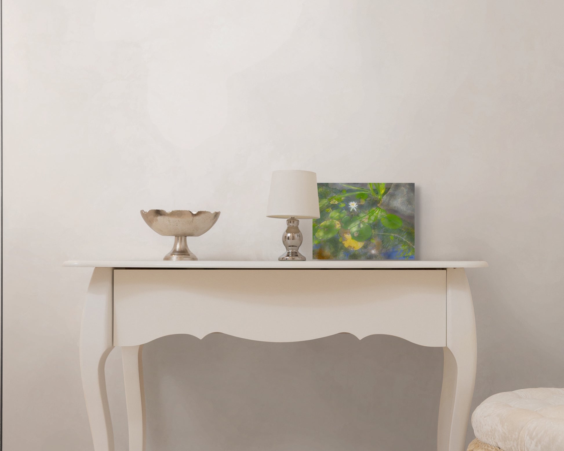 A peaceful painting titled 'Lilly Afternoon,' depicting a calm, sunlit scene with blooming lilies, evoking a sense of tranquility and natural beauty.