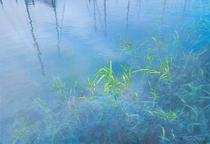 A serene painting titled 'Morning Light of Reflection,' featuring soft sunlight illuminating a peaceful landscape, symbolizing calm and introspection.