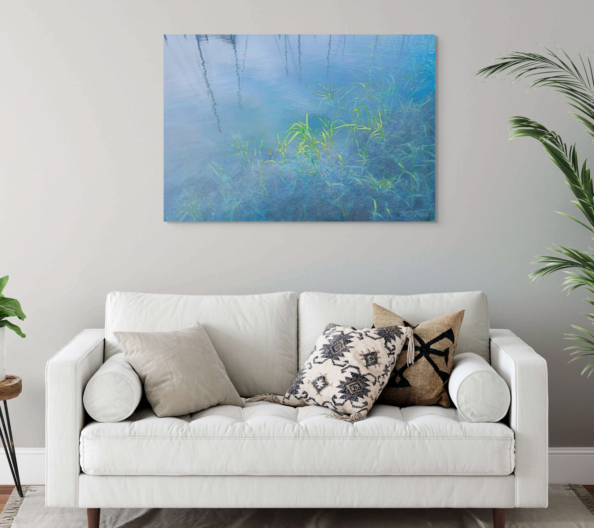 A serene painting titled 'Morning Light of Reflection,' featuring soft sunlight illuminating a peaceful landscape, symbolizing calm and introspection.