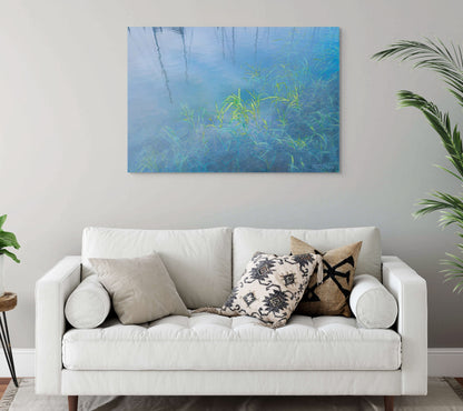 A serene painting titled 'Morning Light of Reflection,' featuring soft sunlight illuminating a peaceful landscape, symbolizing calm and introspection.