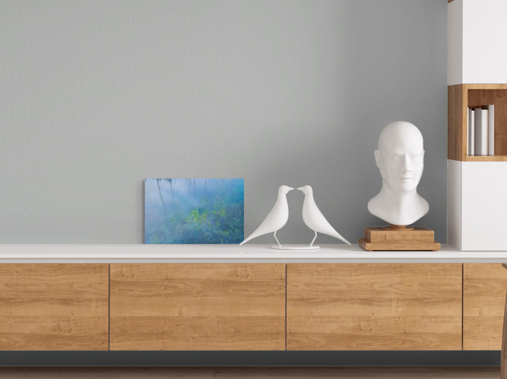 A serene painting titled 'Morning Light of Reflection,' featuring soft sunlight illuminating a peaceful landscape, symbolizing calm and introspection.