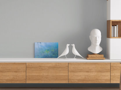A serene painting titled 'Morning Light of Reflection,' featuring soft sunlight illuminating a peaceful landscape, symbolizing calm and introspection.