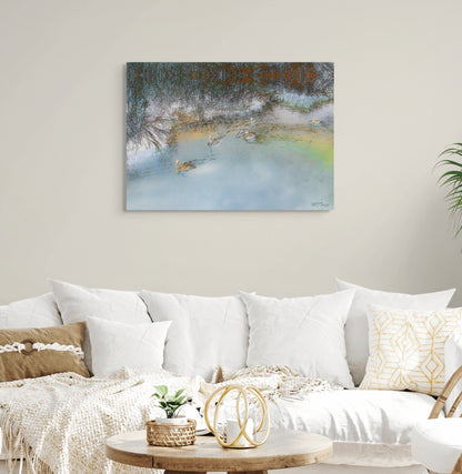 A serene painting titled 'Out Paddling,' depicting a calm scene of a figure paddling through gentle waters, evoking peace, solitude, and connection with nature.