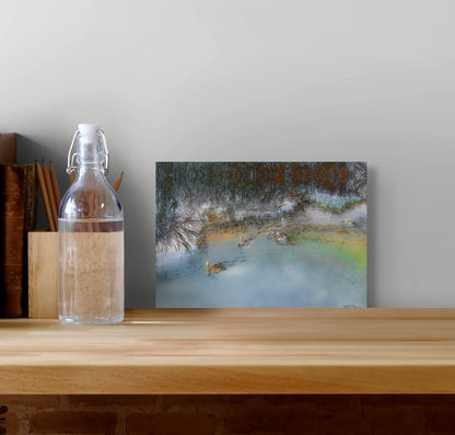 A serene painting titled 'Out Paddling,' depicting a calm scene of a figure paddling through gentle waters, evoking peace, solitude, and connection with nature.
