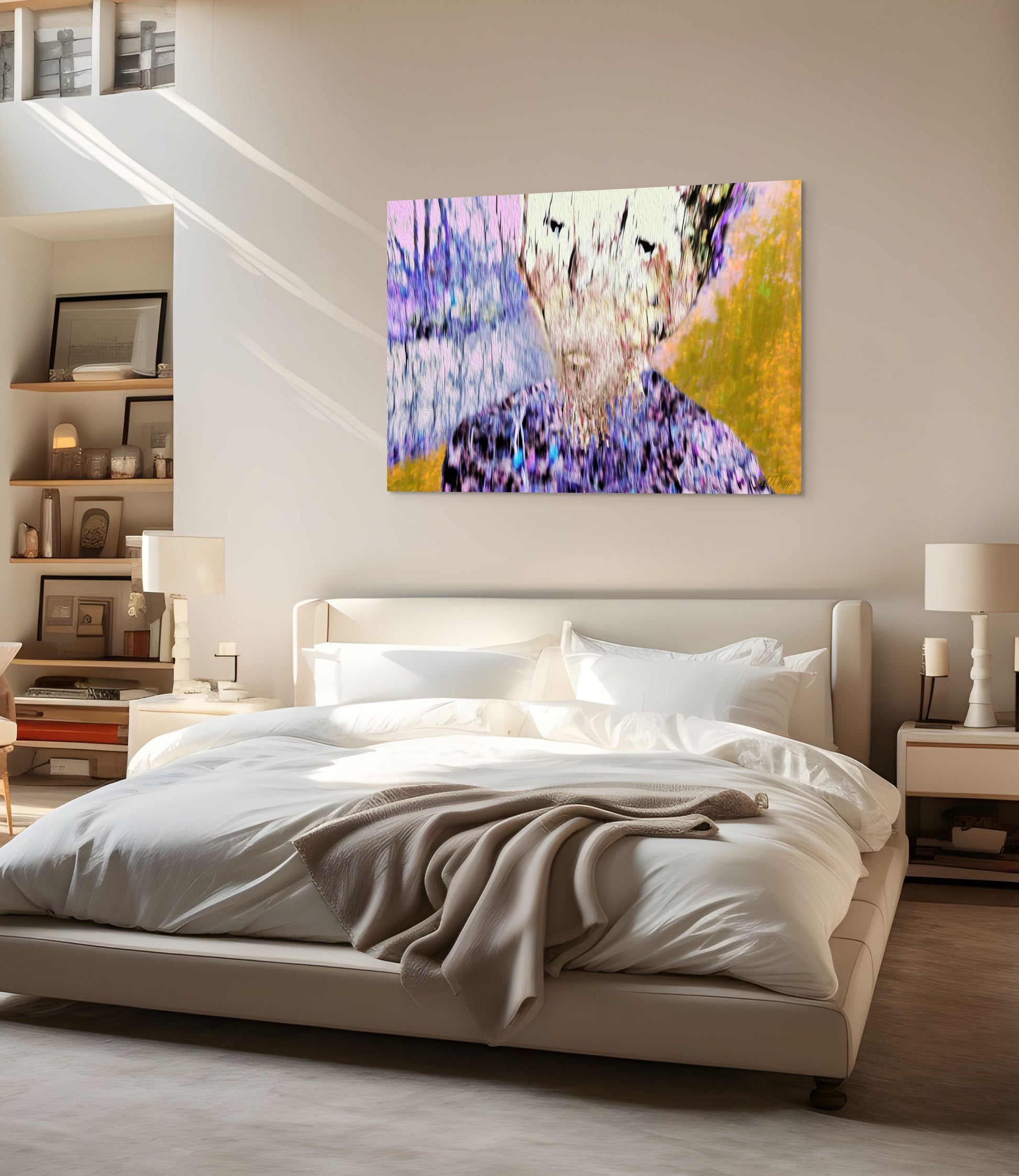 A dynamic painting titled 'Out of the Bush,' capturing the emergence of a figure or animal from the dense wilderness, symbolizing a journey from uncertainty to clarity.