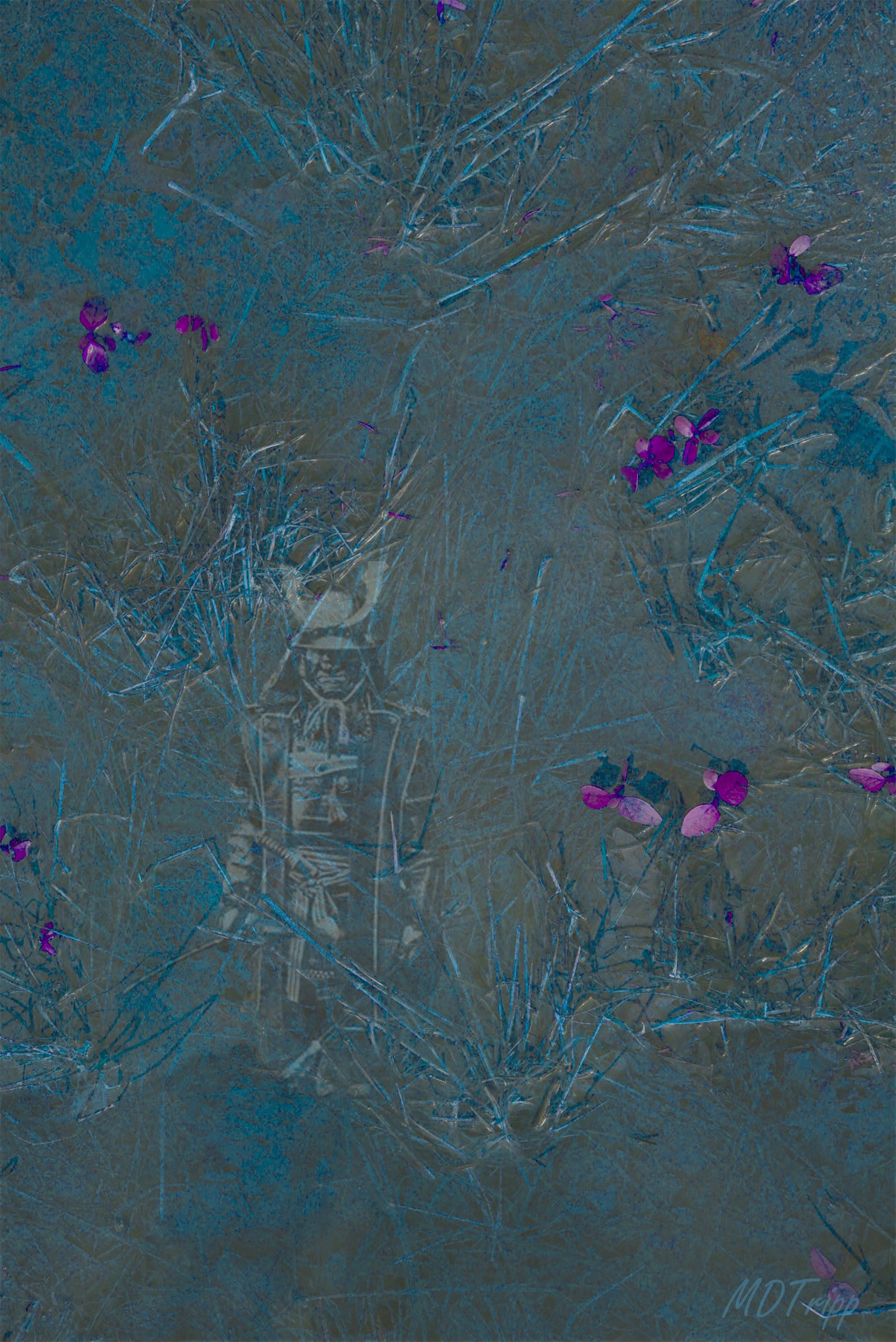 A striking painting titled 'Samari in the Weeds,' depicting a samurai figure in a natural, overgrown setting, blending tradition with the untamed beauty of nature.