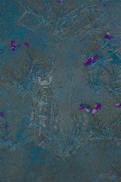 A striking painting titled 'Samari in the Weeds,' depicting a samurai figure in a natural, overgrown setting, blending tradition with the untamed beauty of nature.