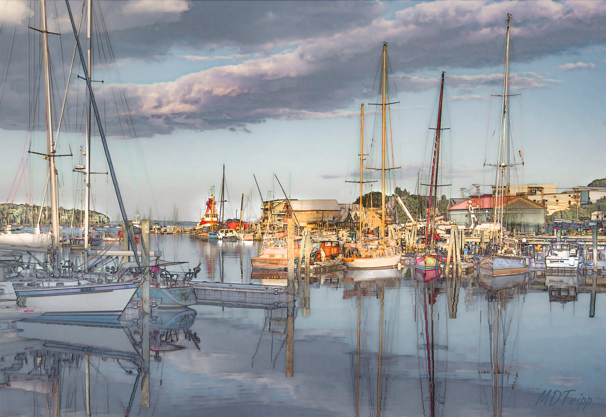 A serene painting titled 'Settling at the End of Day-Belfast,' depicting a tranquil evening scene in Belfast with soft lighting, calm waters, and a peaceful atmosphere.