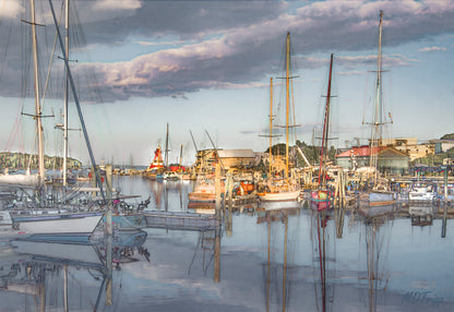 A serene painting titled 'Settling at the End of Day-Belfast,' depicting a tranquil evening scene in Belfast with soft lighting, calm waters, and a peaceful atmosphere.