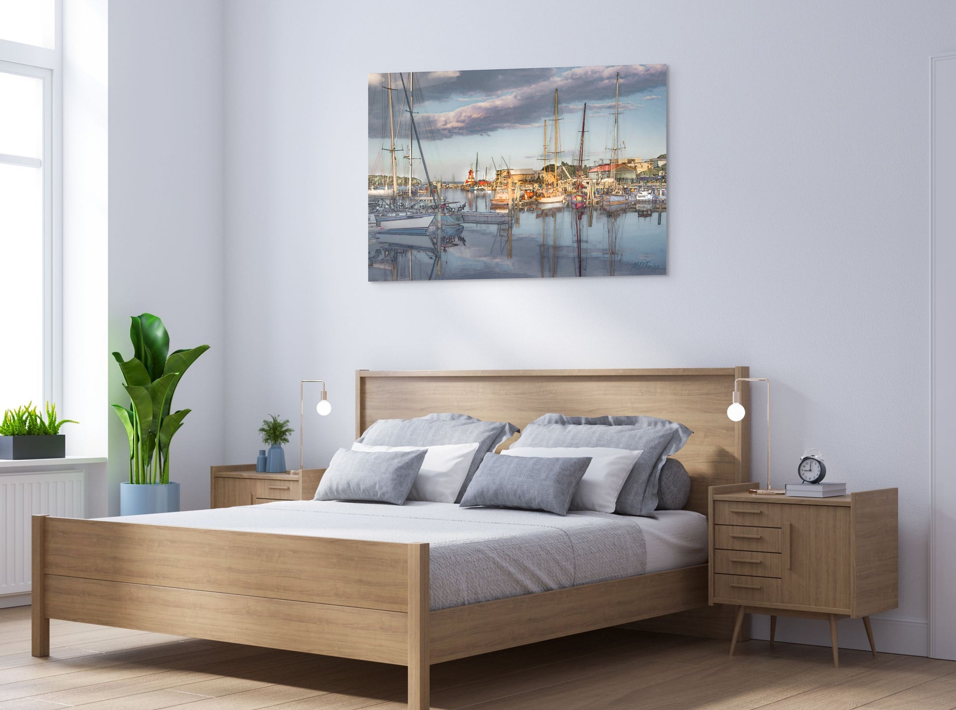 A serene painting titled 'Settling at the End of Day-Belfast,' depicting a tranquil evening scene in Belfast with soft lighting, calm waters, and a peaceful atmosphere.