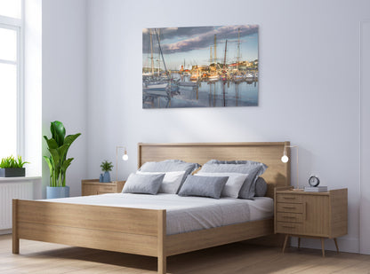 A serene painting titled 'Settling at the End of Day-Belfast,' depicting a tranquil evening scene in Belfast with soft lighting, calm waters, and a peaceful atmosphere.