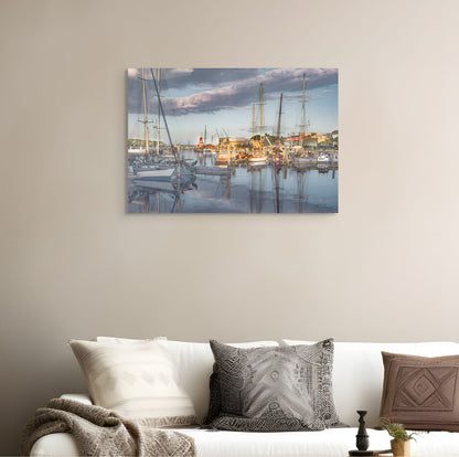 A serene painting titled 'Settling at the End of Day-Belfast,' depicting a tranquil evening scene in Belfast with soft lighting, calm waters, and a peaceful atmosphere.
