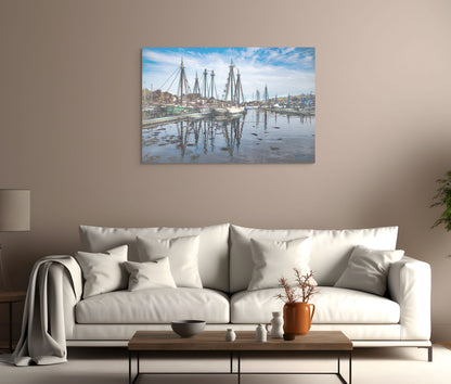 A detailed painting titled 'Ships of Canton,' showcasing traditional ships in a bustling harbor scene, reflecting maritime history and cultural heritage.