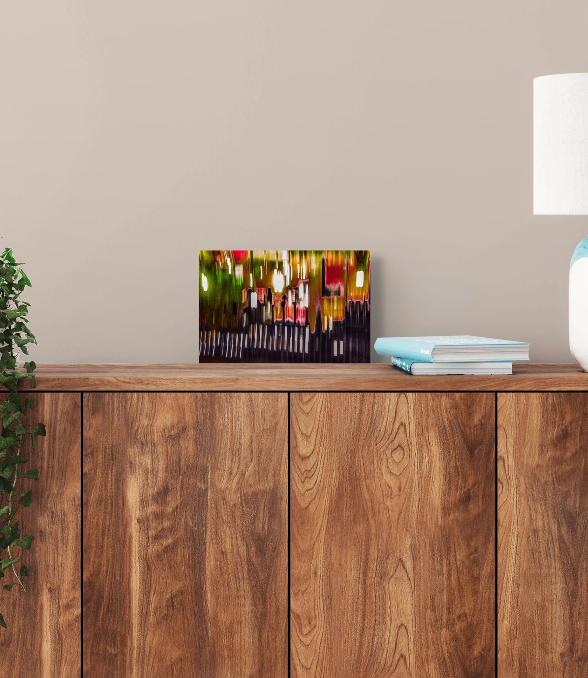 A lively painting titled 'Strolling Along the Boulevard,' depicting people enjoying a leisurely walk on a bustling boulevard, surrounded by vibrant city lights and architecture.