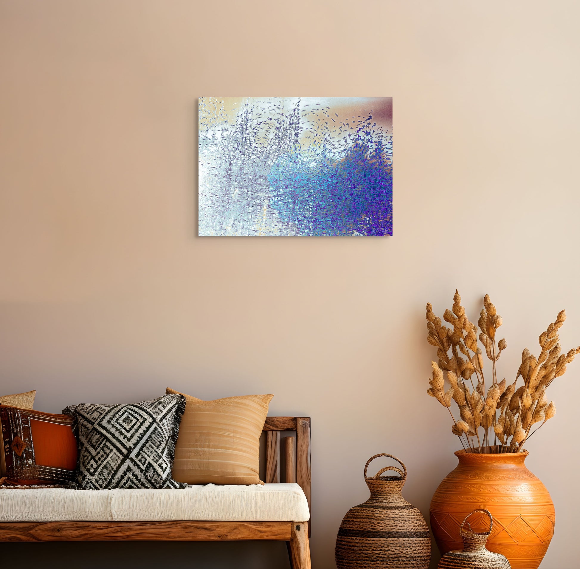 A dynamic painting titled 'Swarming,' depicting a chaotic yet mesmerizing movement of figures, shapes, or elements, symbolizing energy, unity, and complexity.