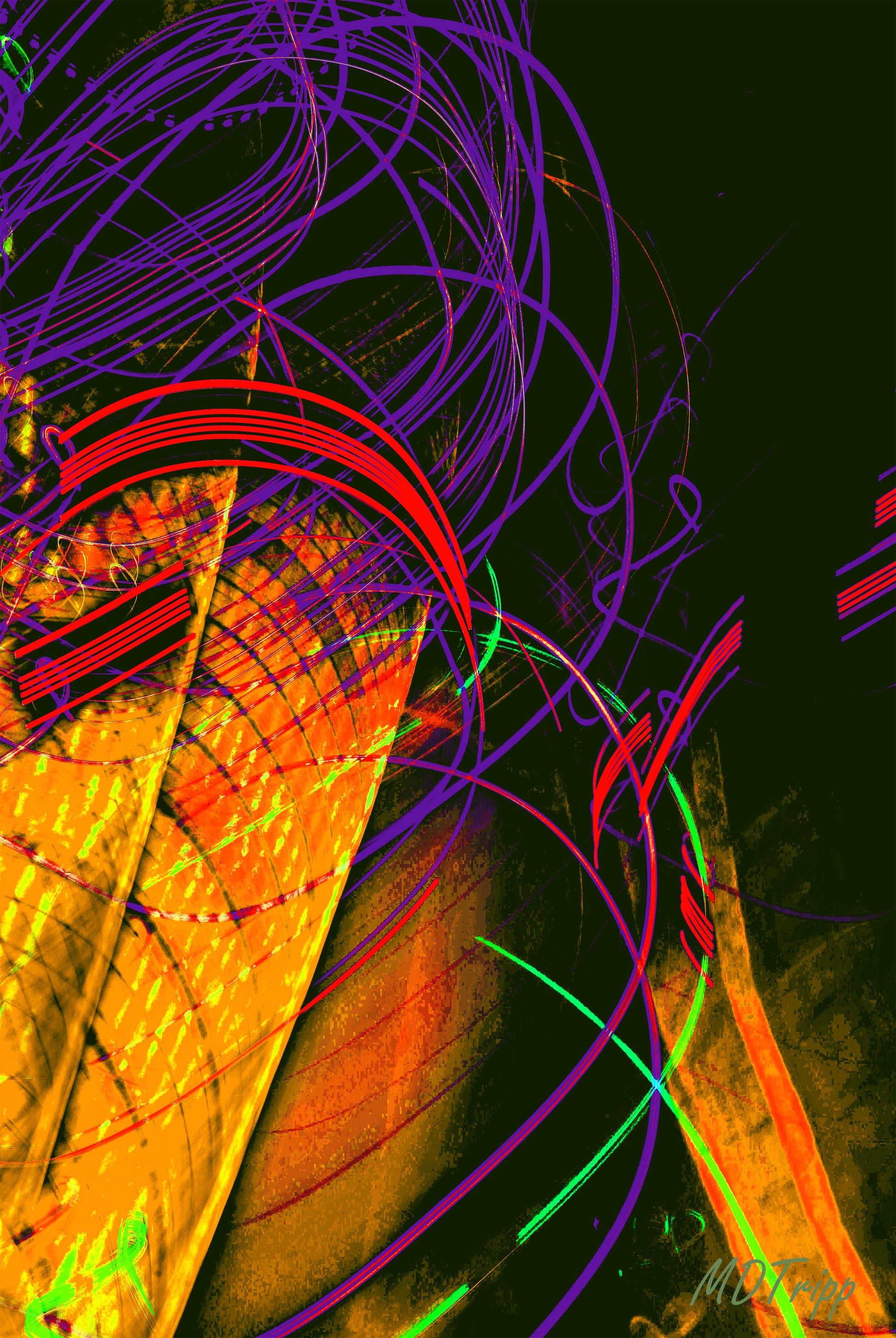 A dynamic painting titled 'Swirling Through the Metropolis,' featuring vibrant, swirling patterns weaving through a bustling cityscape, symbolizing energy, chaos, and urban life.
