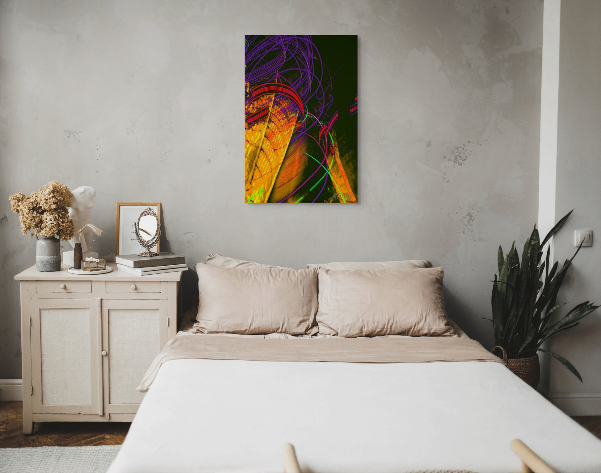 A dynamic painting titled 'Swirling Through the Metropolis,' featuring vibrant, swirling patterns weaving through a bustling cityscape, symbolizing energy, chaos, and urban life.