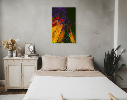 A dynamic painting titled 'Swirling Through the Metropolis,' featuring vibrant, swirling patterns weaving through a bustling cityscape, symbolizing energy, chaos, and urban life.