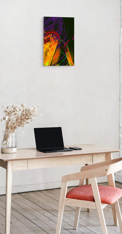 A dynamic painting titled 'Swirling Through the Metropolis,' featuring vibrant, swirling patterns weaving through a bustling cityscape, symbolizing energy, chaos, and urban life.