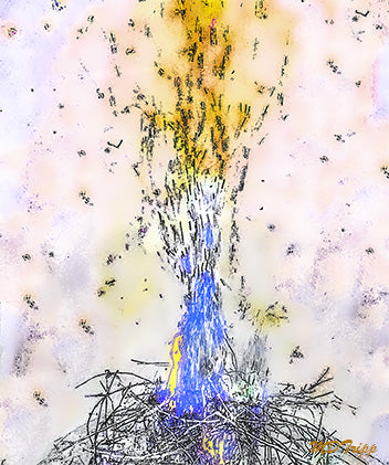 A warm painting titled 'The Fire Pit,' depicting a glowing fire surrounded by people or a serene setting, symbolizing togetherness, comfort, and the allure of flickering flames.