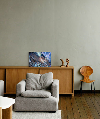 A dynamic painting titled 'Two Lives of the Metropolis,' showcasing the contrasting elements of city life—bustling activity and quiet solitude—capturing the duality of urban existence.